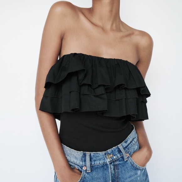 NWT Zara Black Strapless Ruffled Beautiful Elegant Bodysuit Size Medium - Picture 3 of 6
